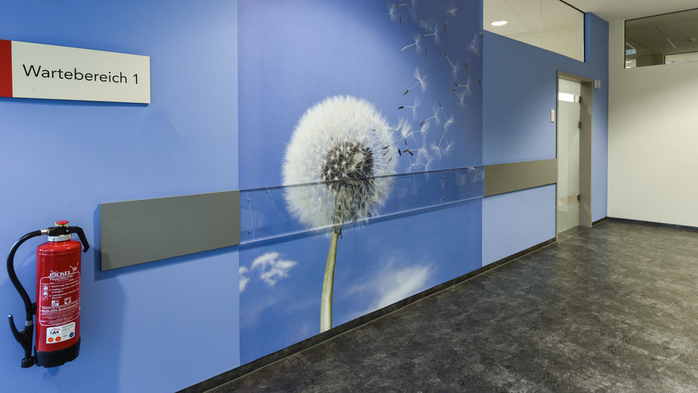 Blau gestrichene Wand in einer medizinischen Einrichtung mit mit Fototapete