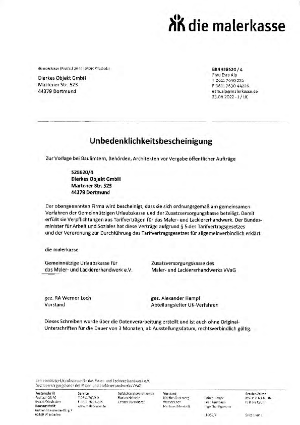 Unbedenklichkeitsbescheinigung der malerkasse für die Firma Dierkes Objekt GmbH