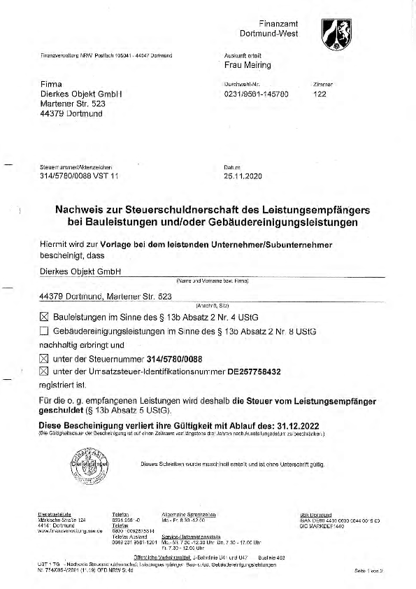 Nachweis zur Steuerschuldnerschaft des Leistungsempfängers Bauleistungen nach § 13 Abs. 2 für die Firma Dierkes Objekt GmbH